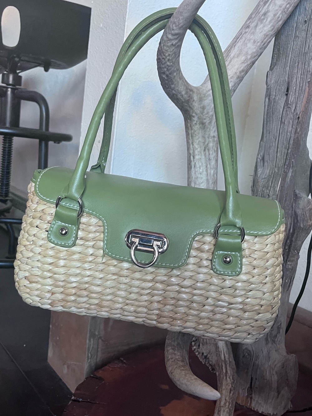 Tatyana Straw with Green Faux Leather Trim Handbag